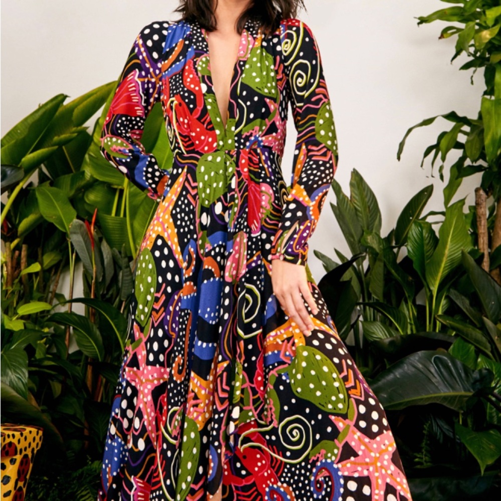 Farm Rio Small Multicolor Under The Sea Long Sleeve V-neck Ruffle Maxi Dress